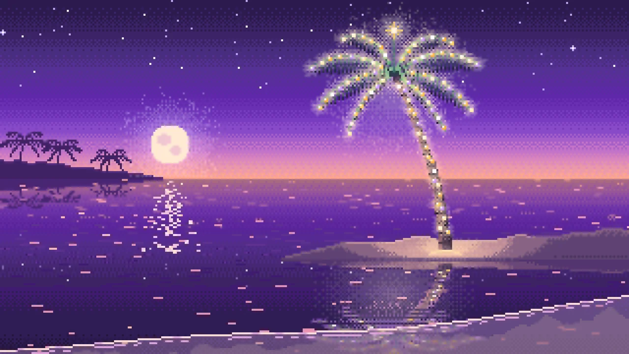 Purple Pixel Art Christmas Palm Tree on the Beach desktop wallpaper in 4K