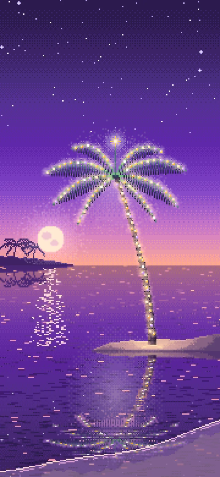 Purple Pixel Art Christmas Palm Tree on the Beach wallpaper for iPhone and Android