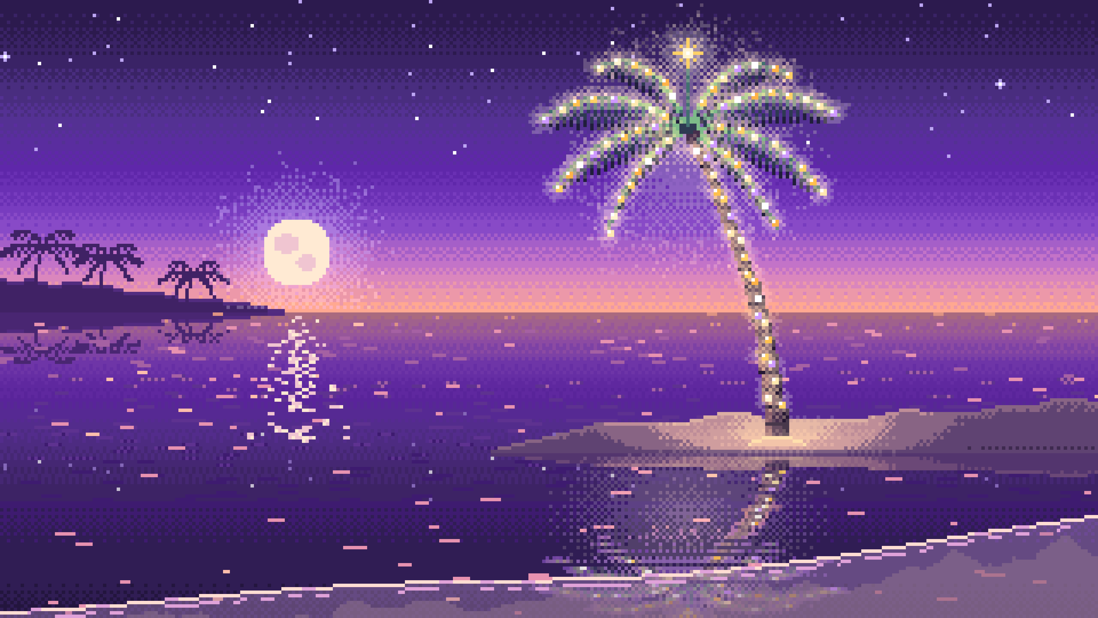 Purple Pixel Art Christmas Palm Tree on the Beach desktop wallpaper in 4K