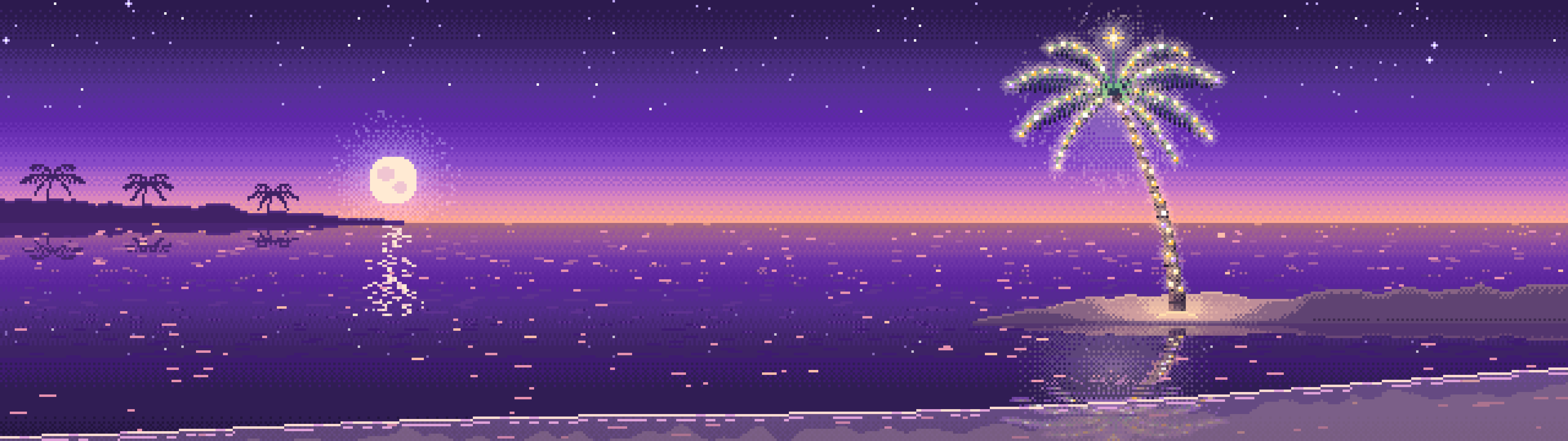Purple Pixel Art Christmas Palm Tree on the Beach dual monitor wallpaper, 7680 × 2160