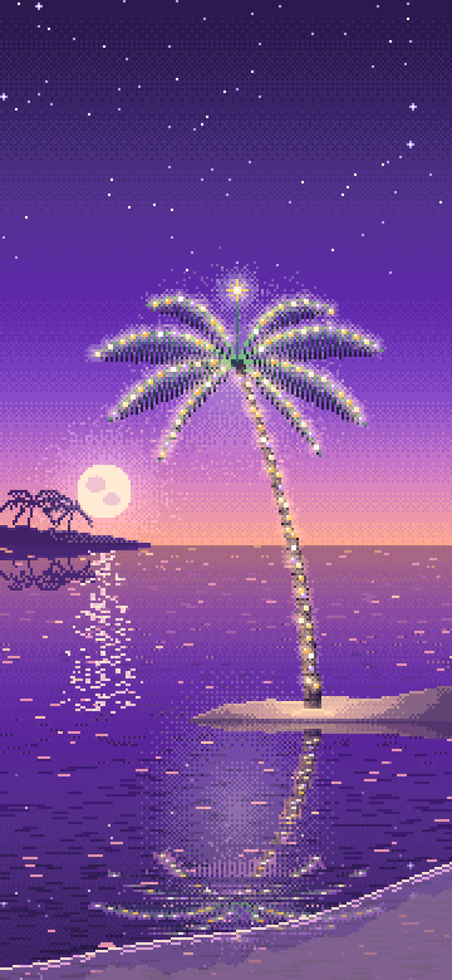 Purple Pixel Art Christmas Palm Tree on the Beach wallpaper for iPhone and Android