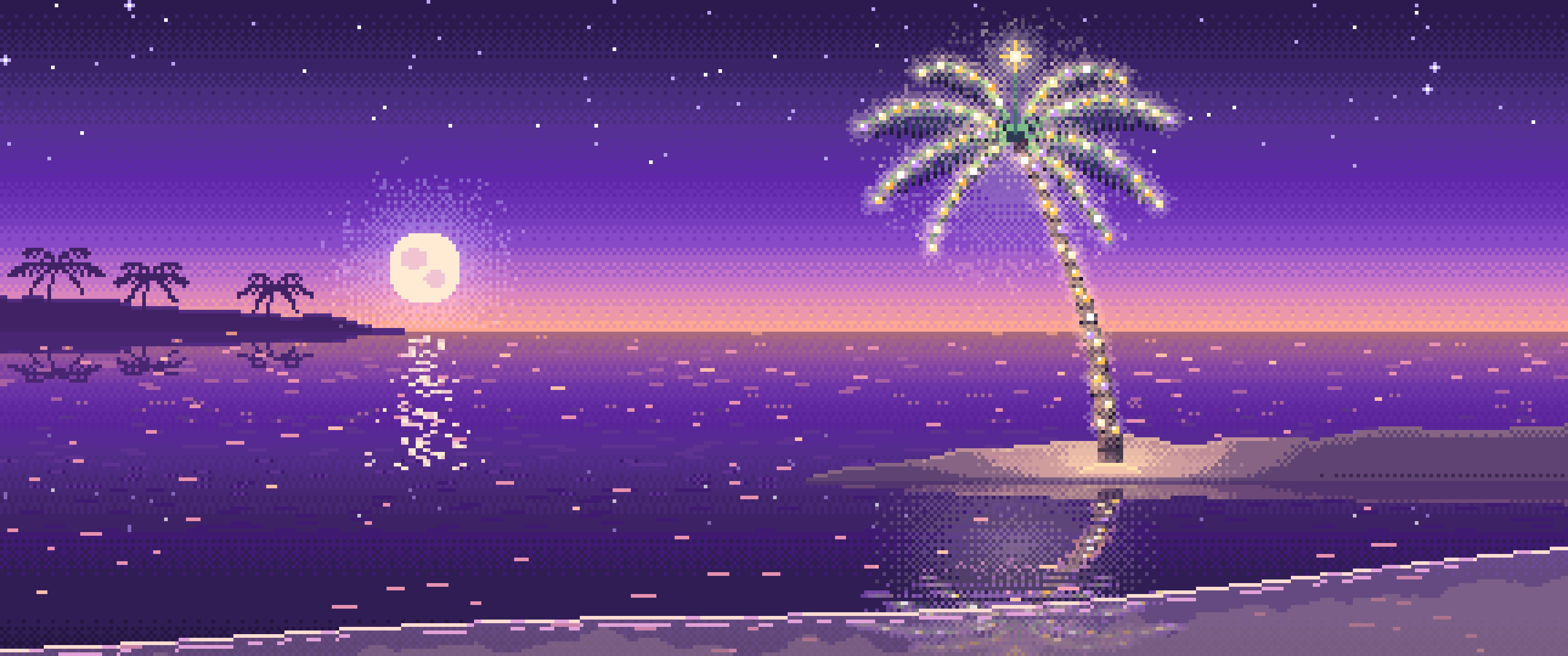 Purple Pixel Art Christmas Palm Tree on the Beach ultrawide wallpaper, 3440 × 1440
