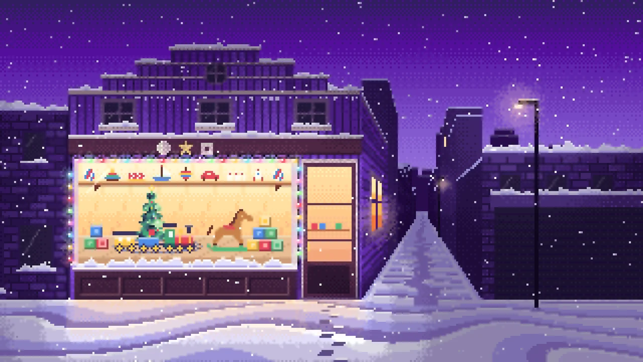 Purple Pixel Art Christmas Toy Shop desktop wallpaper in 4K