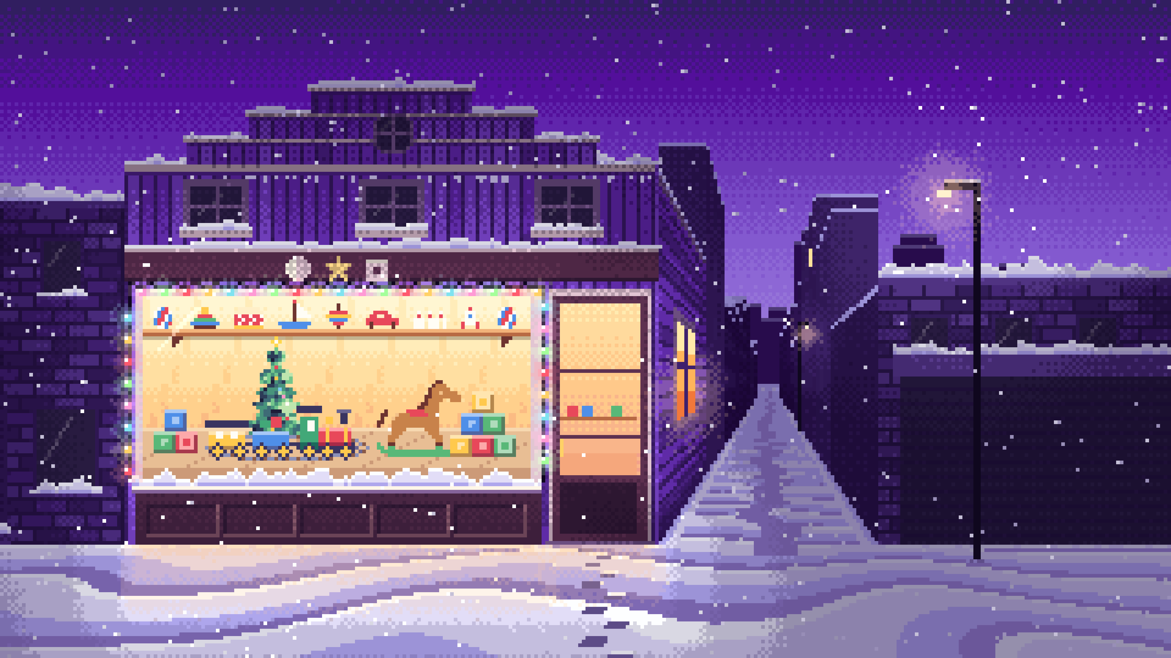 Purple Pixel Art Christmas Toy Shop desktop wallpaper in 4K