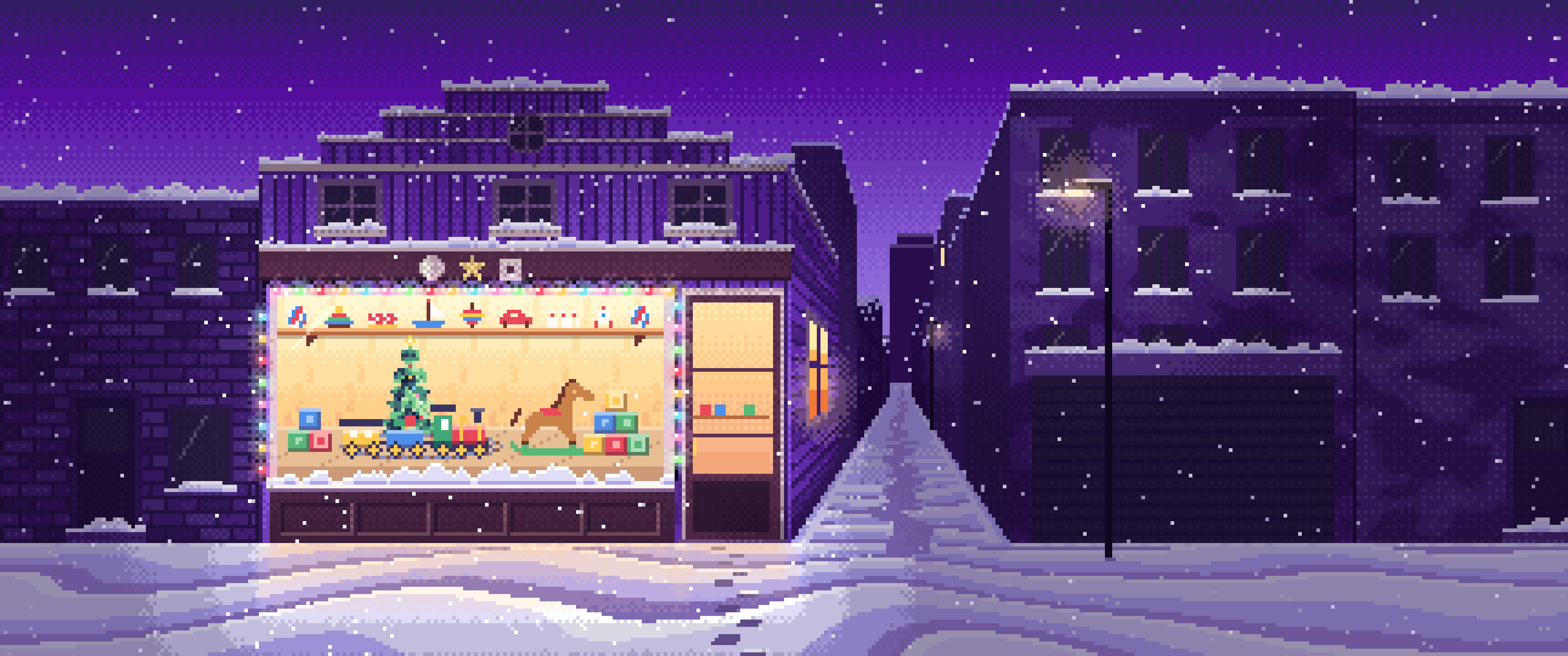 Purple Pixel Art Christmas Toy Shop ultrawide wallpaper, 3440 × 1440