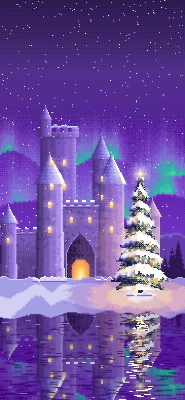 Purple Pixel Art Christmas Tree at a Fantasy Castle Gate wallpaper for iPhone and Android