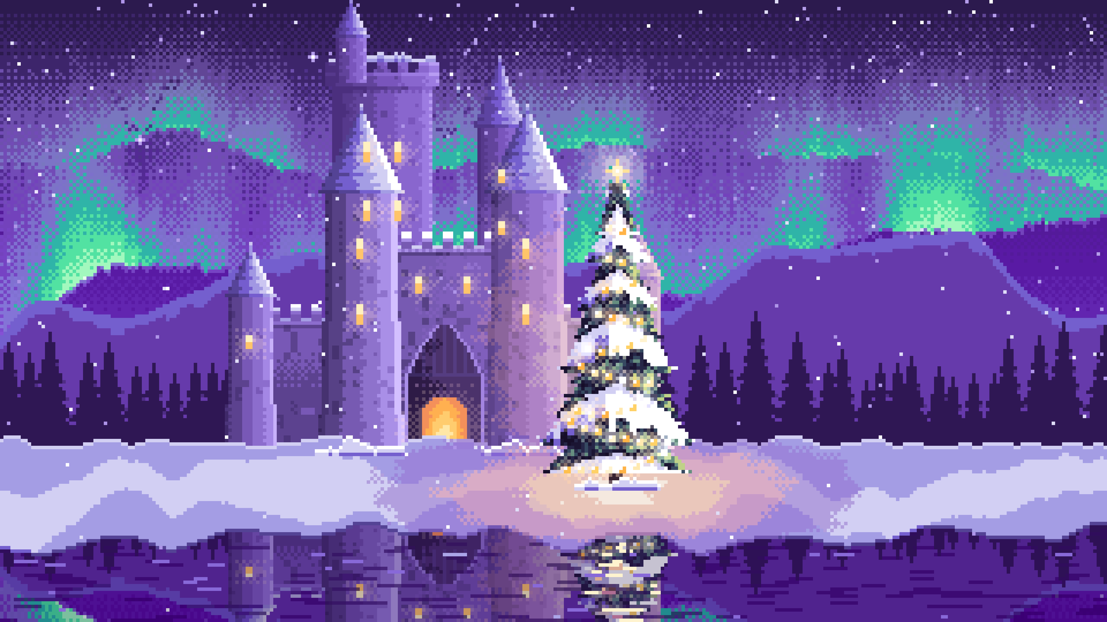 Purple Pixel Art Christmas Tree at a Fantasy Castle Gate desktop wallpaper in 4K