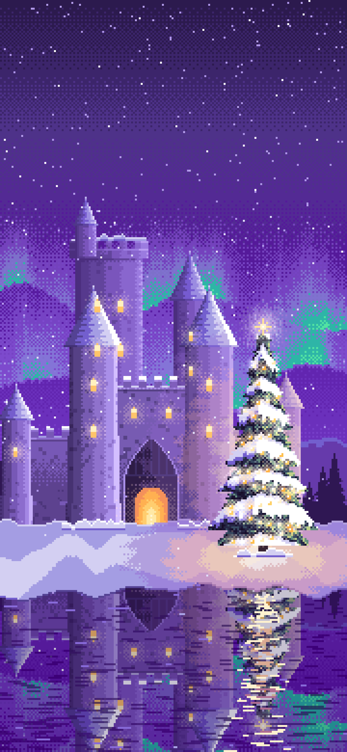 Purple Pixel Art Christmas Tree at a Fantasy Castle Gate wallpaper for iPhone and Android