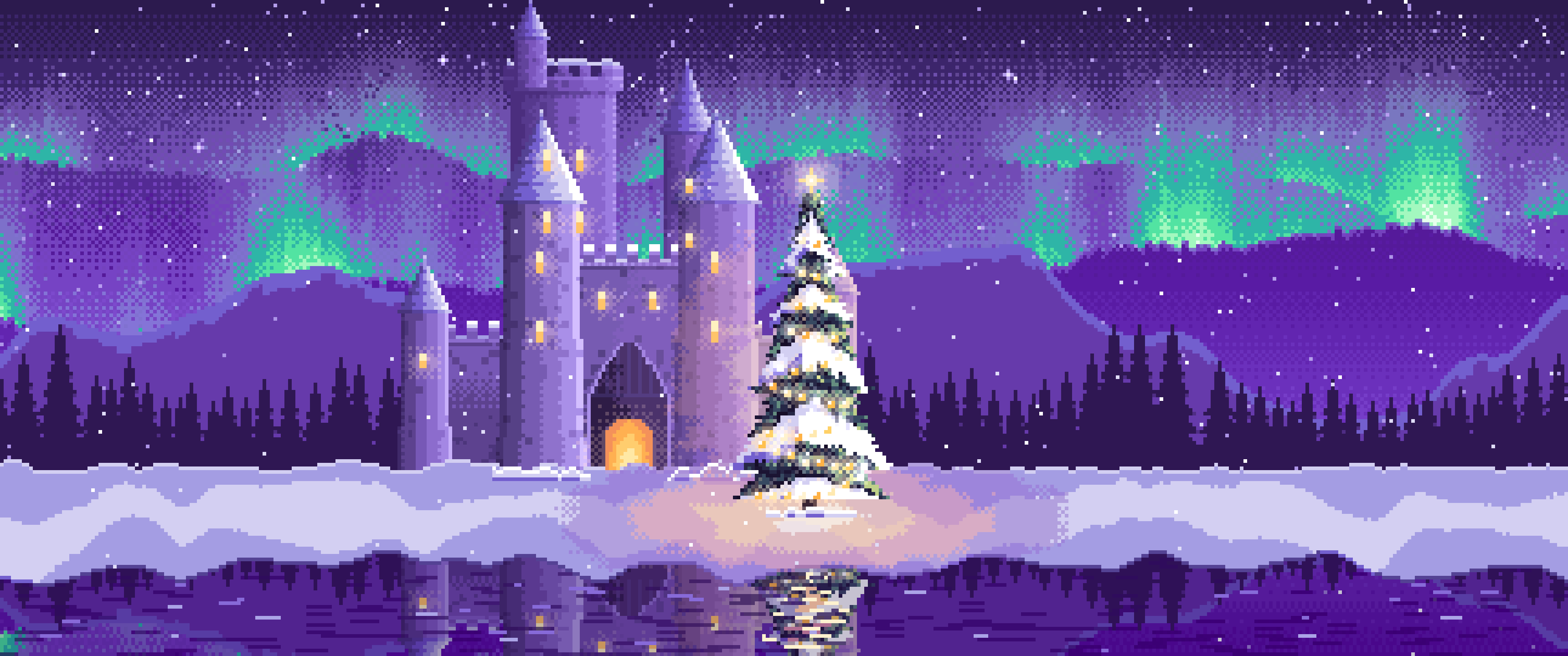 Purple Pixel Art Christmas Tree at a Fantasy Castle Gate ultrawide wallpaper, 3440 × 1440