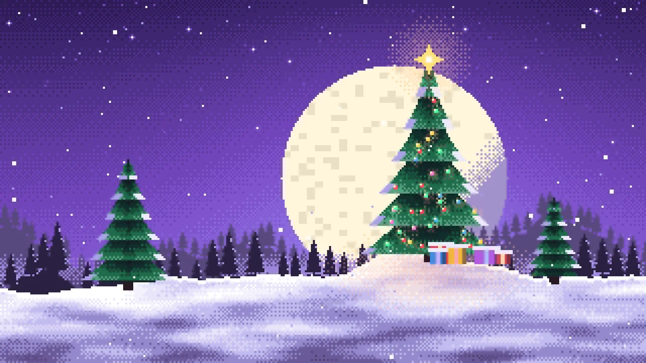 Purple Pixel Art Christmas Tree desktop wallpaper in 4K