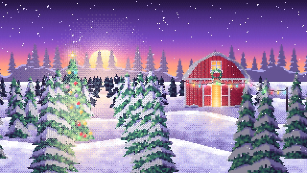 Purple Pixel Art Christmas Tree Farm at Dusk desktop wallpaper in 4K