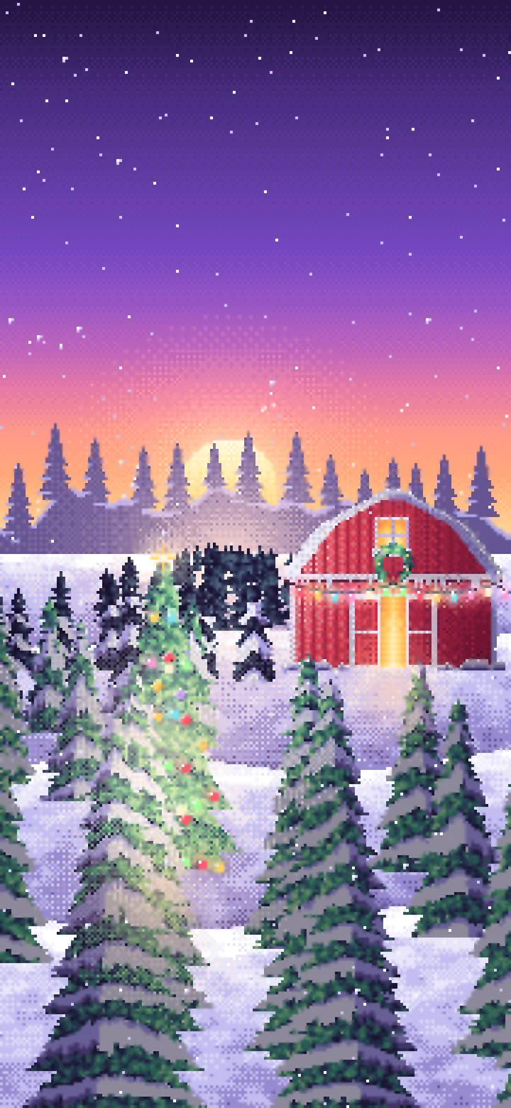 Purple Pixel Art Christmas Tree Farm at Dusk wallpaper for iPhone and Android