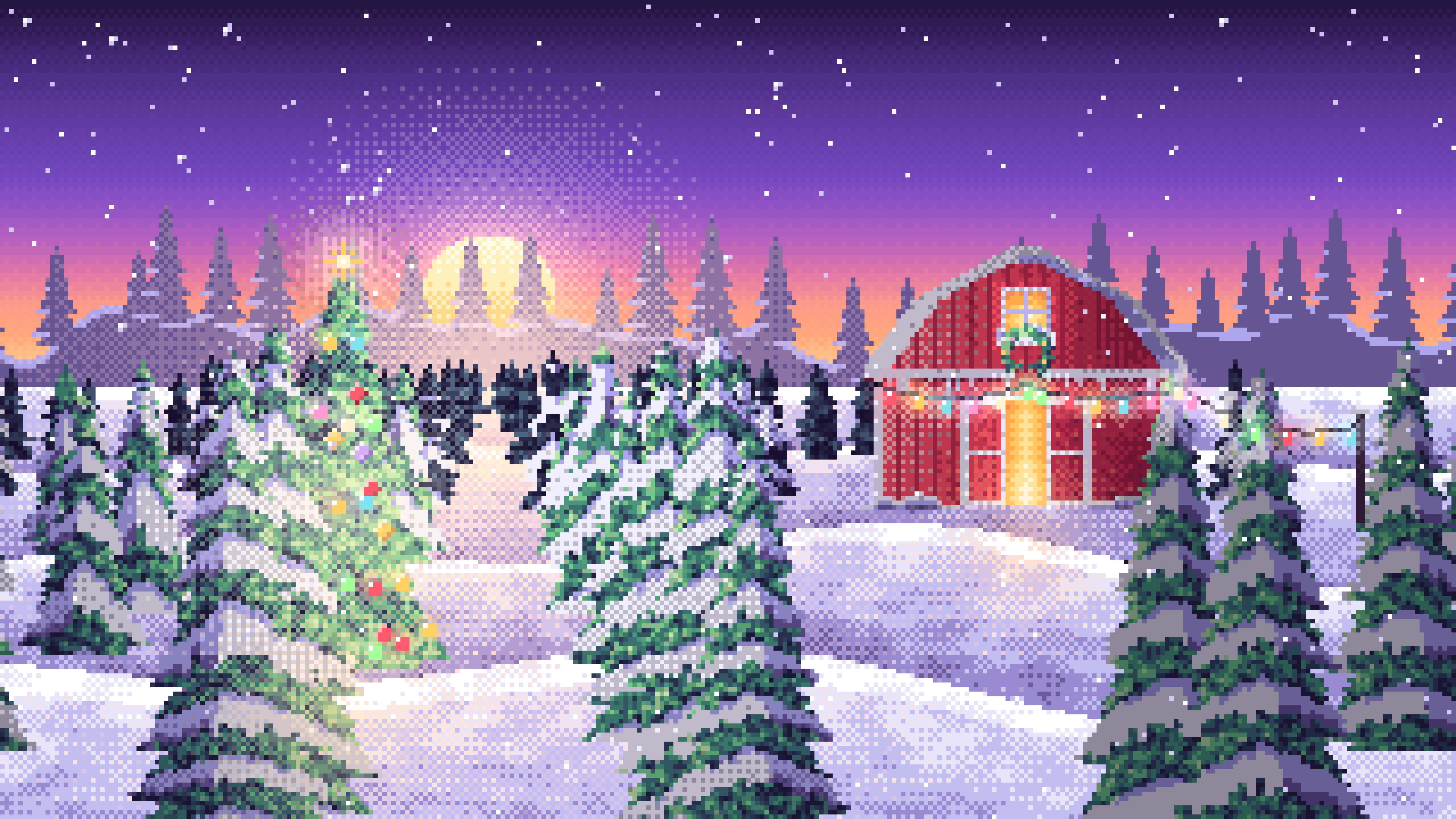 Purple Pixel Art Christmas Tree Farm at Dusk desktop wallpaper in 4K