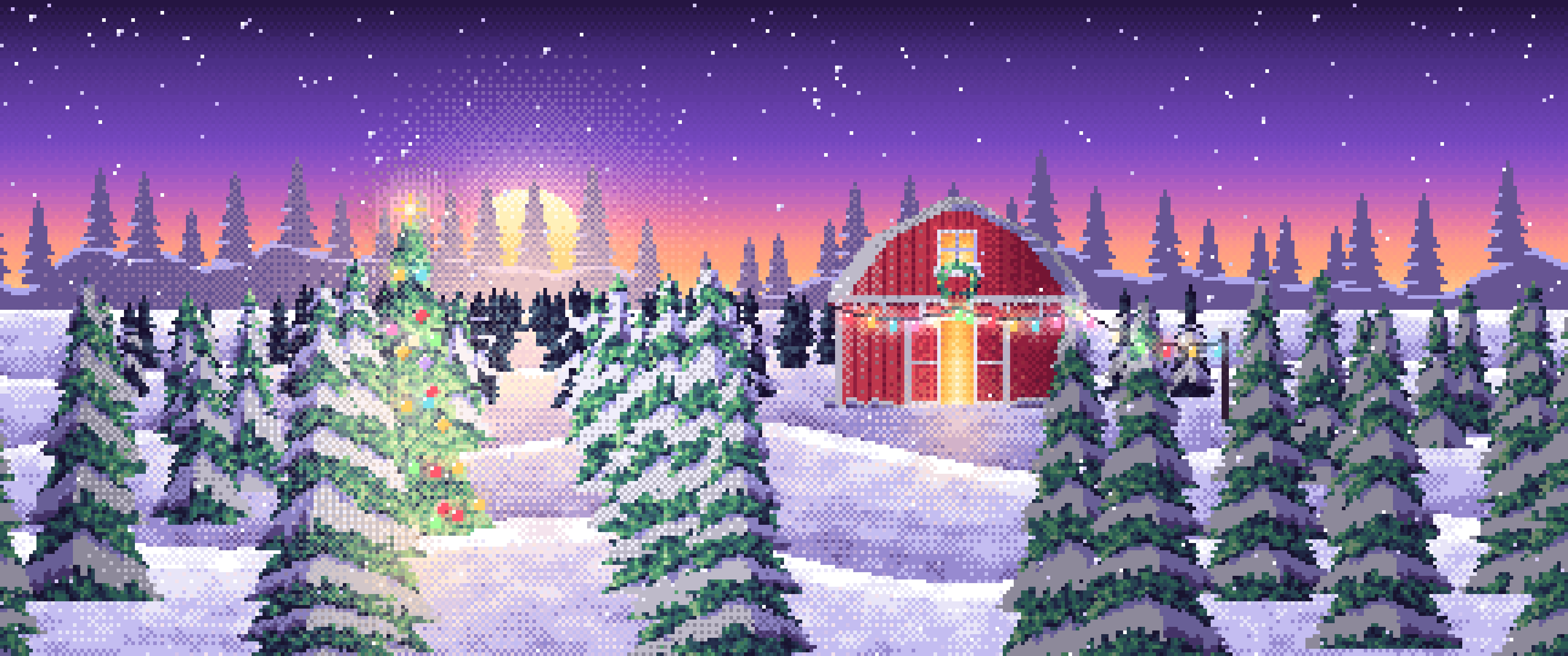 Purple Pixel Art Christmas Tree Farm at Dusk ultrawide wallpaper, 3440 × 1440
