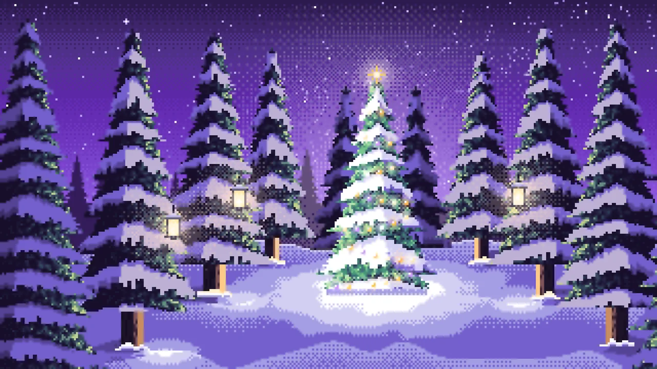Purple Pixel Art Christmas Tree in a Forest Clearing desktop wallpaper in 4K