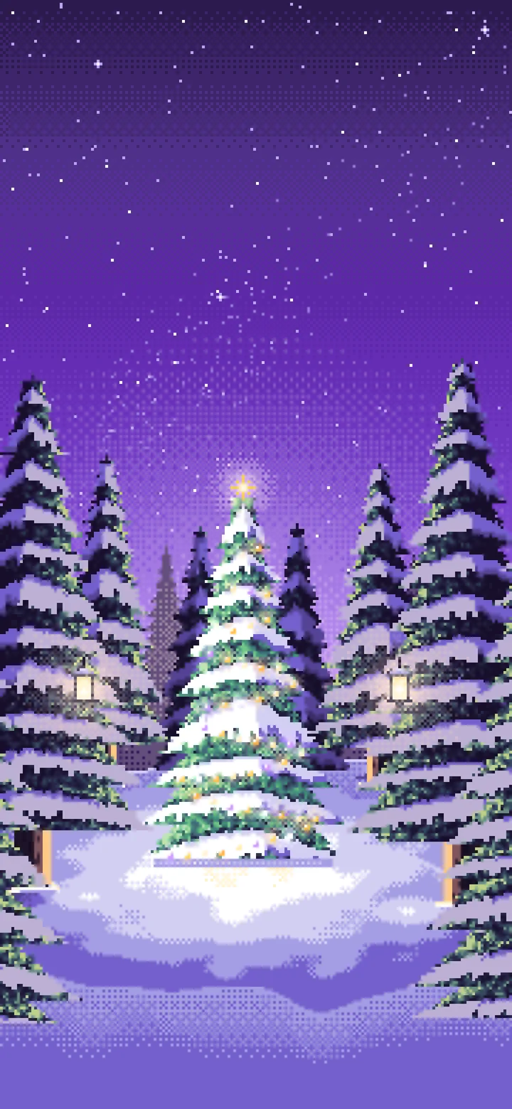 Purple Pixel Art Christmas Tree in a Forest Clearing wallpaper for iPhone and Android