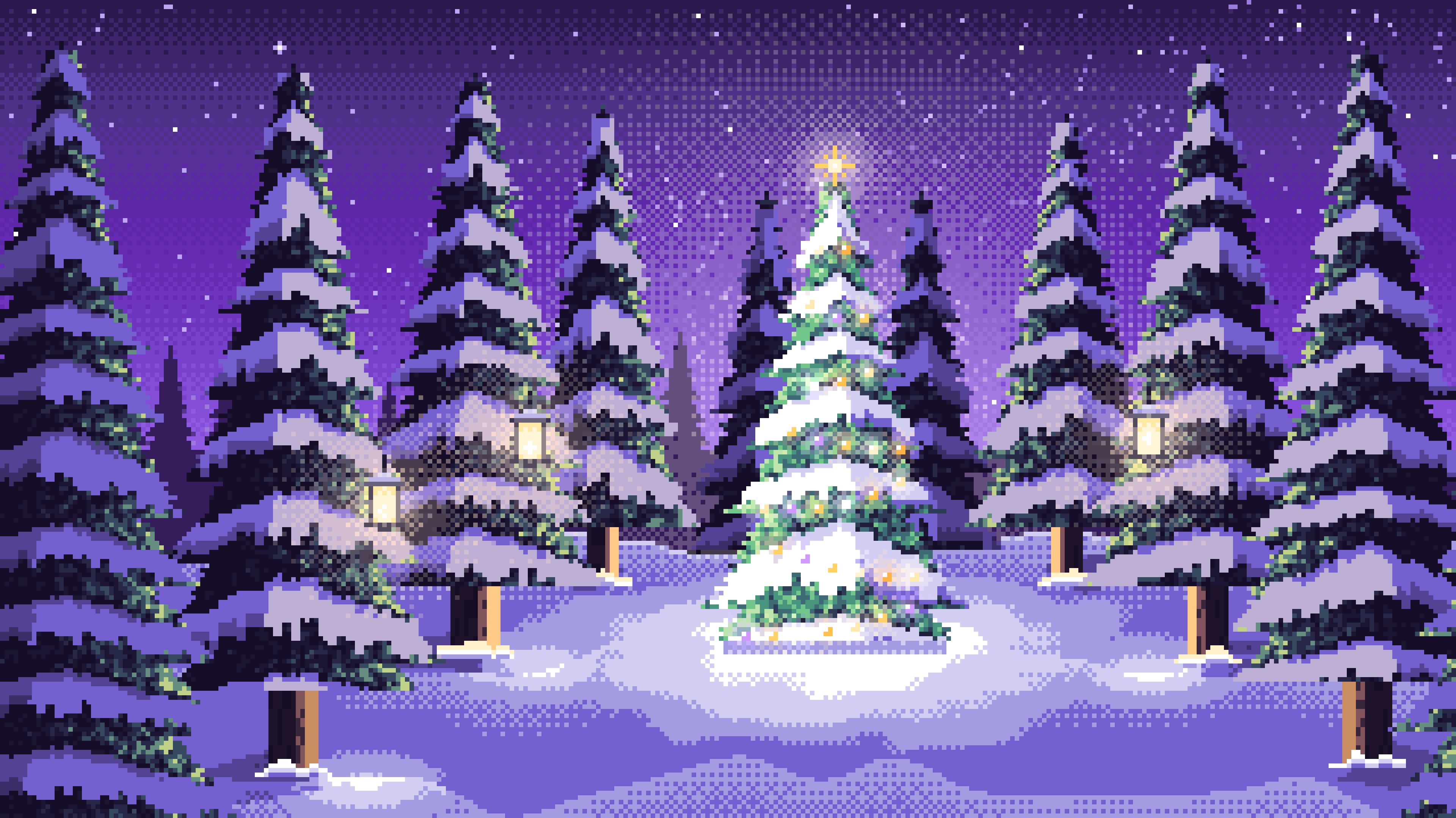Purple Pixel Art Christmas Tree in a Forest Clearing desktop wallpaper in 4K