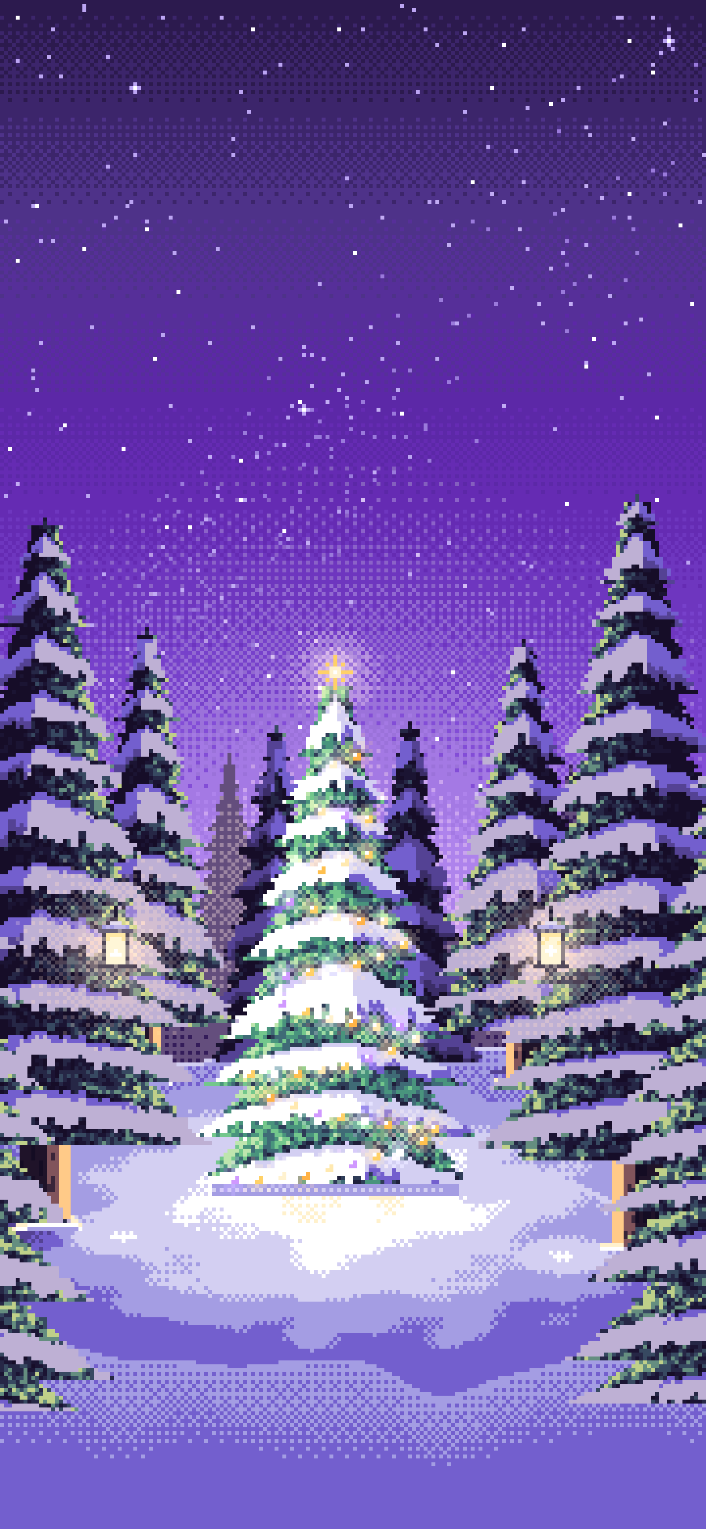 Purple Pixel Art Christmas Tree in a Forest Clearing wallpaper for iPhone and Android