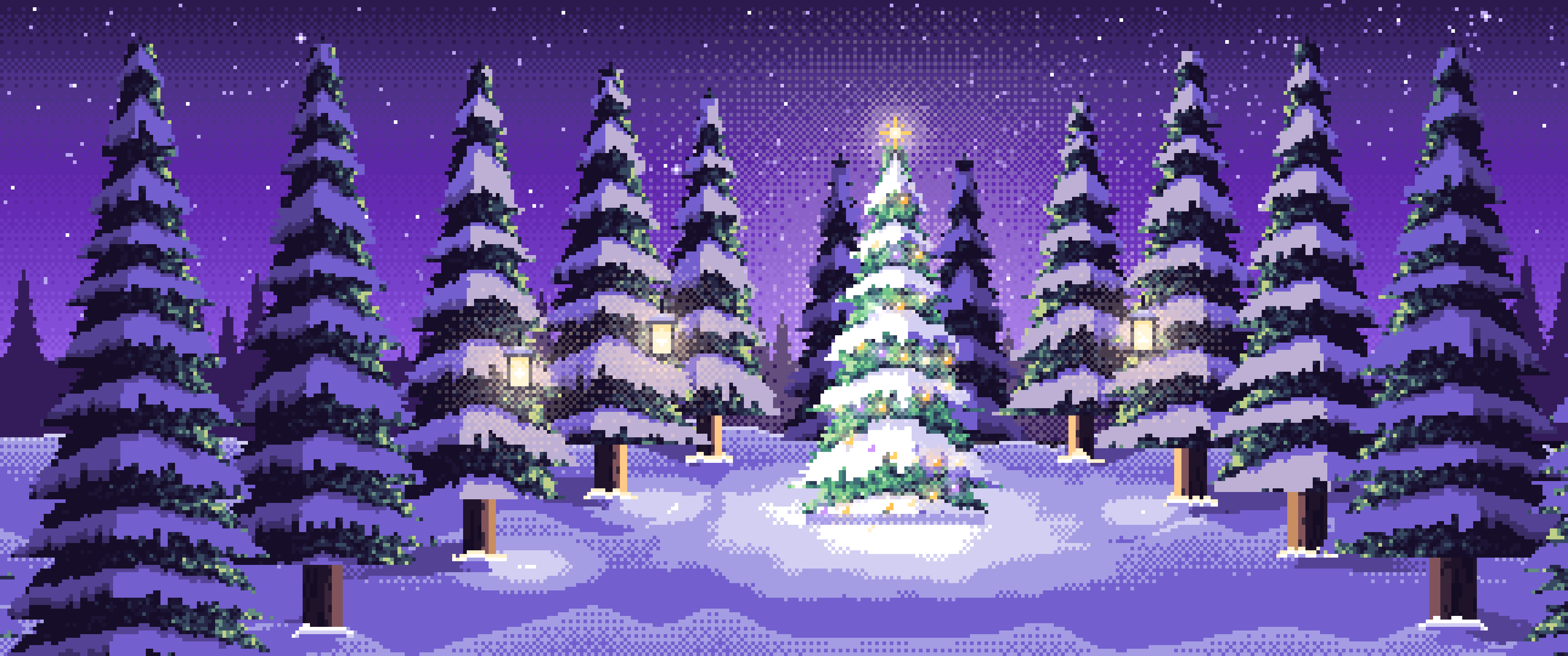 Purple Pixel Art Christmas Tree in a Forest Clearing ultrawide wallpaper, 3440 × 1440