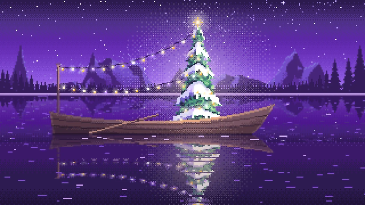 Purple Pixel Art Christmas Tree in a Rowboat on a Lake desktop wallpaper in 4K
