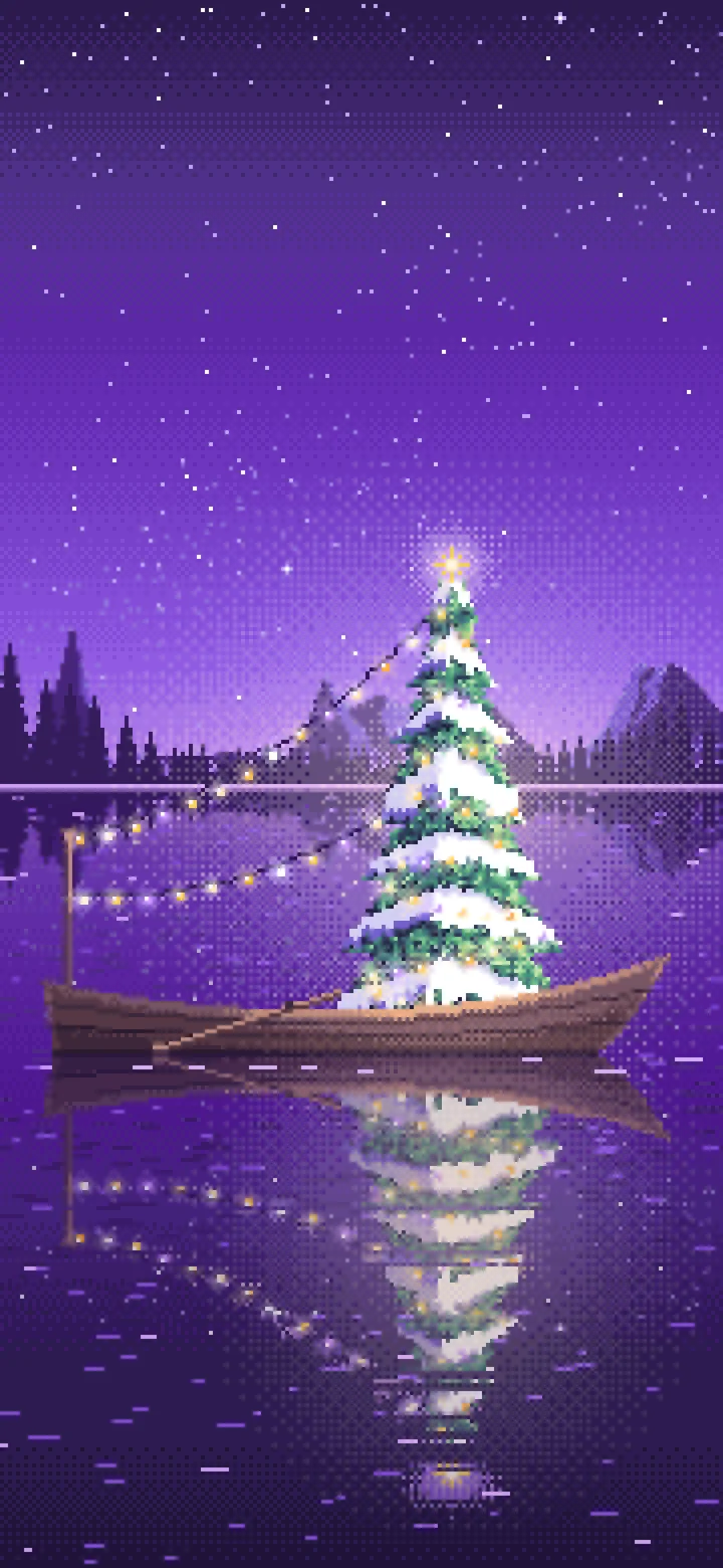 Purple Pixel Art Christmas Tree in a Rowboat on a Lake wallpaper for iPhone and Android