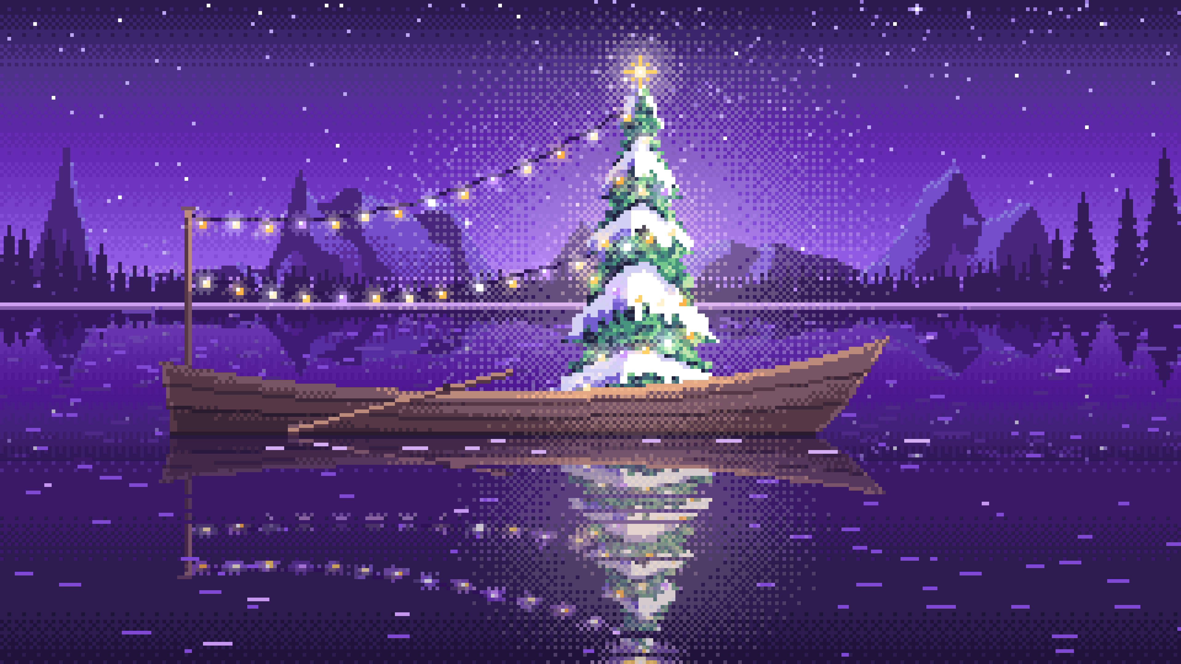 Purple Pixel Art Christmas Tree in a Rowboat on a Lake desktop wallpaper in 4K