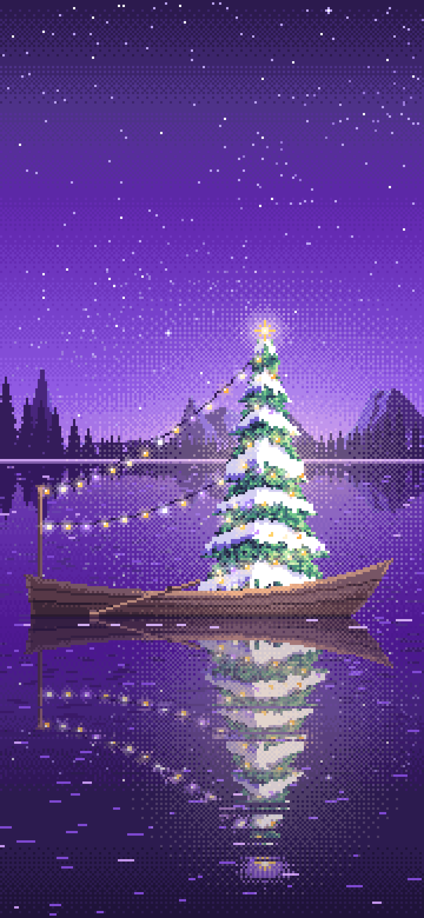 Purple Pixel Art Christmas Tree in a Rowboat on a Lake wallpaper for iPhone and Android