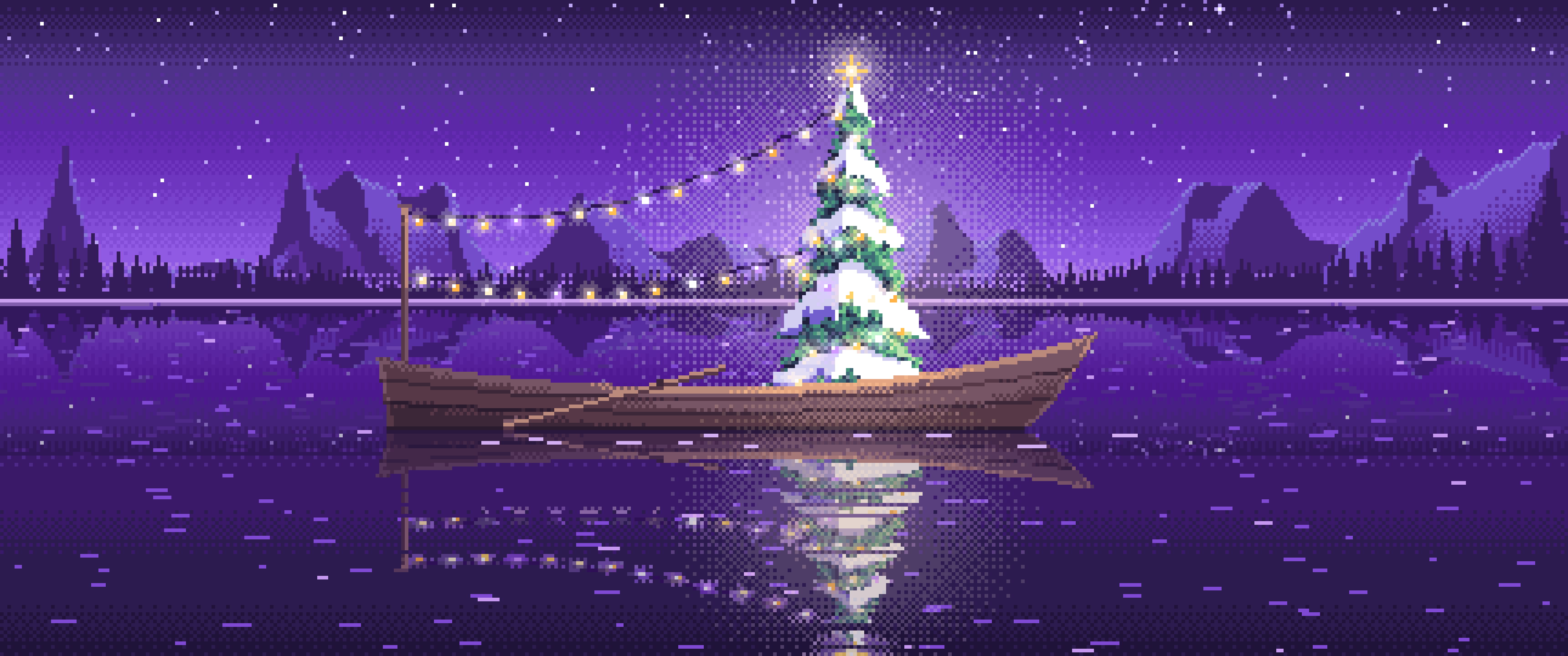 Purple Pixel Art Christmas Tree in a Rowboat on a Lake ultrawide wallpaper, 3440 × 1440