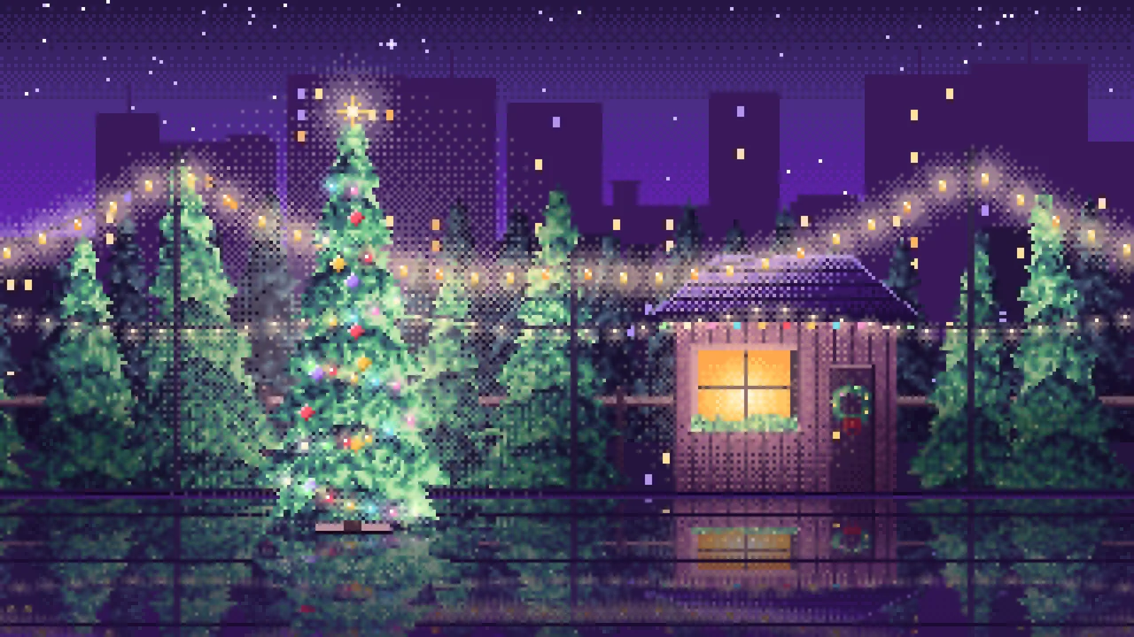 Purple Pixel Art Christmas Tree Lot at Night desktop wallpaper in 4K
