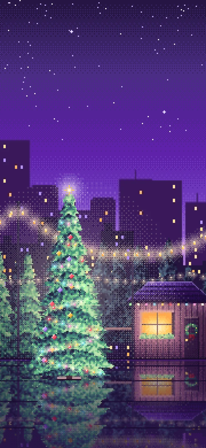 Purple Pixel Art Christmas Tree Lot at Night wallpaper for iPhone and Android