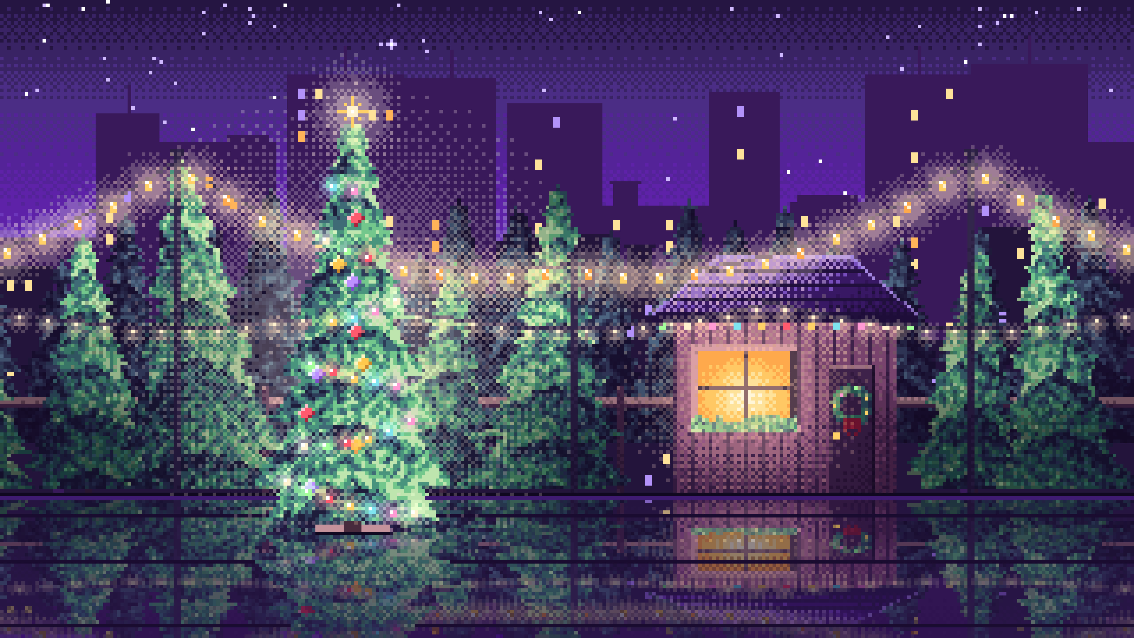 Purple Pixel Art Christmas Tree Lot at Night desktop wallpaper in 4K