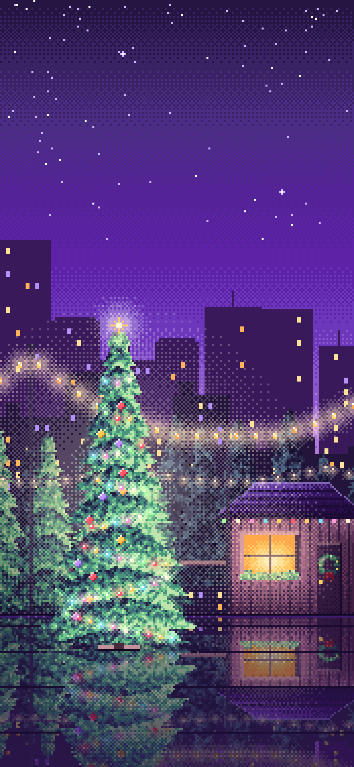 Purple Pixel Art Christmas Tree Lot at Night wallpaper for iPhone and Android