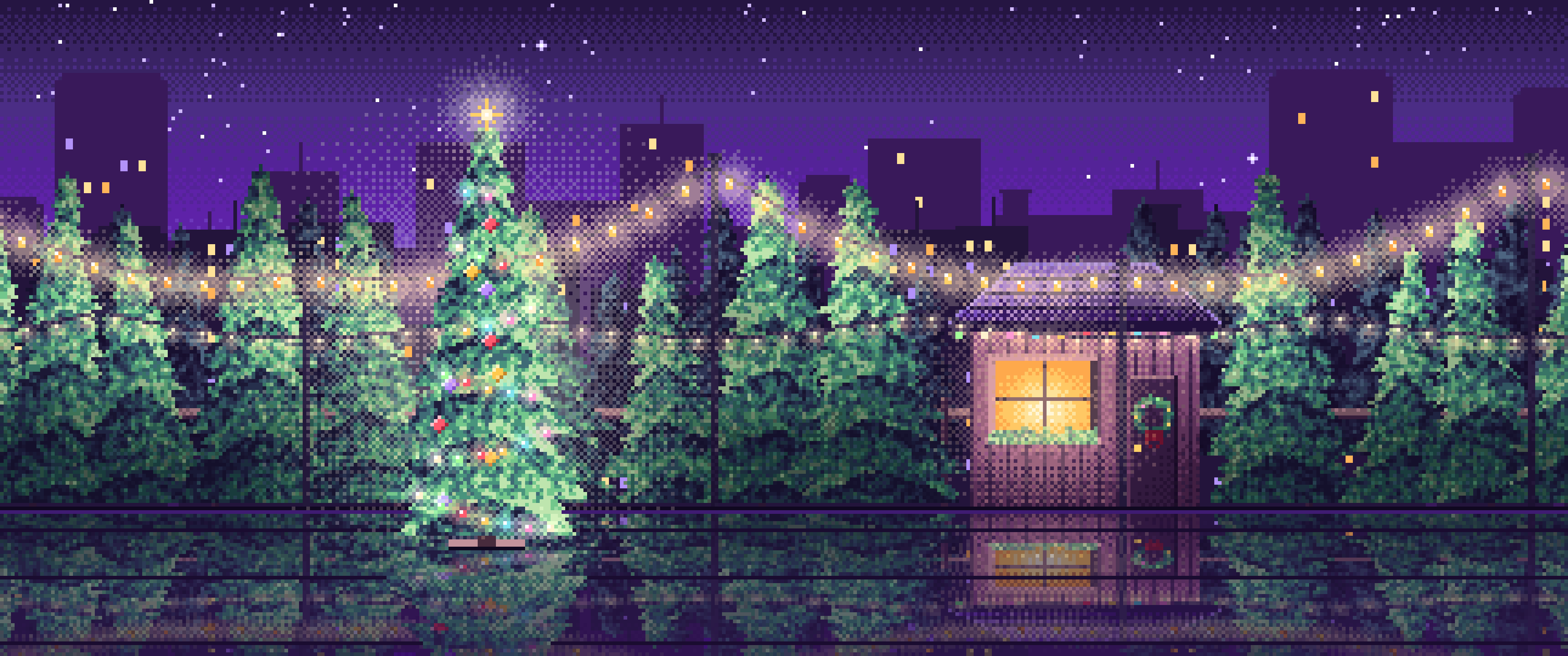 Purple Pixel Art Christmas Tree Lot at Night ultrawide wallpaper, 3440 × 1440