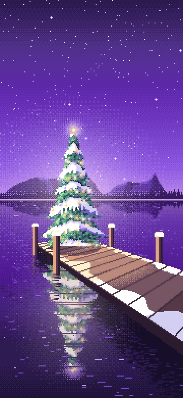 Purple Pixel Art Christmas Tree on a Lake Jetty wallpaper for iPhone and Android