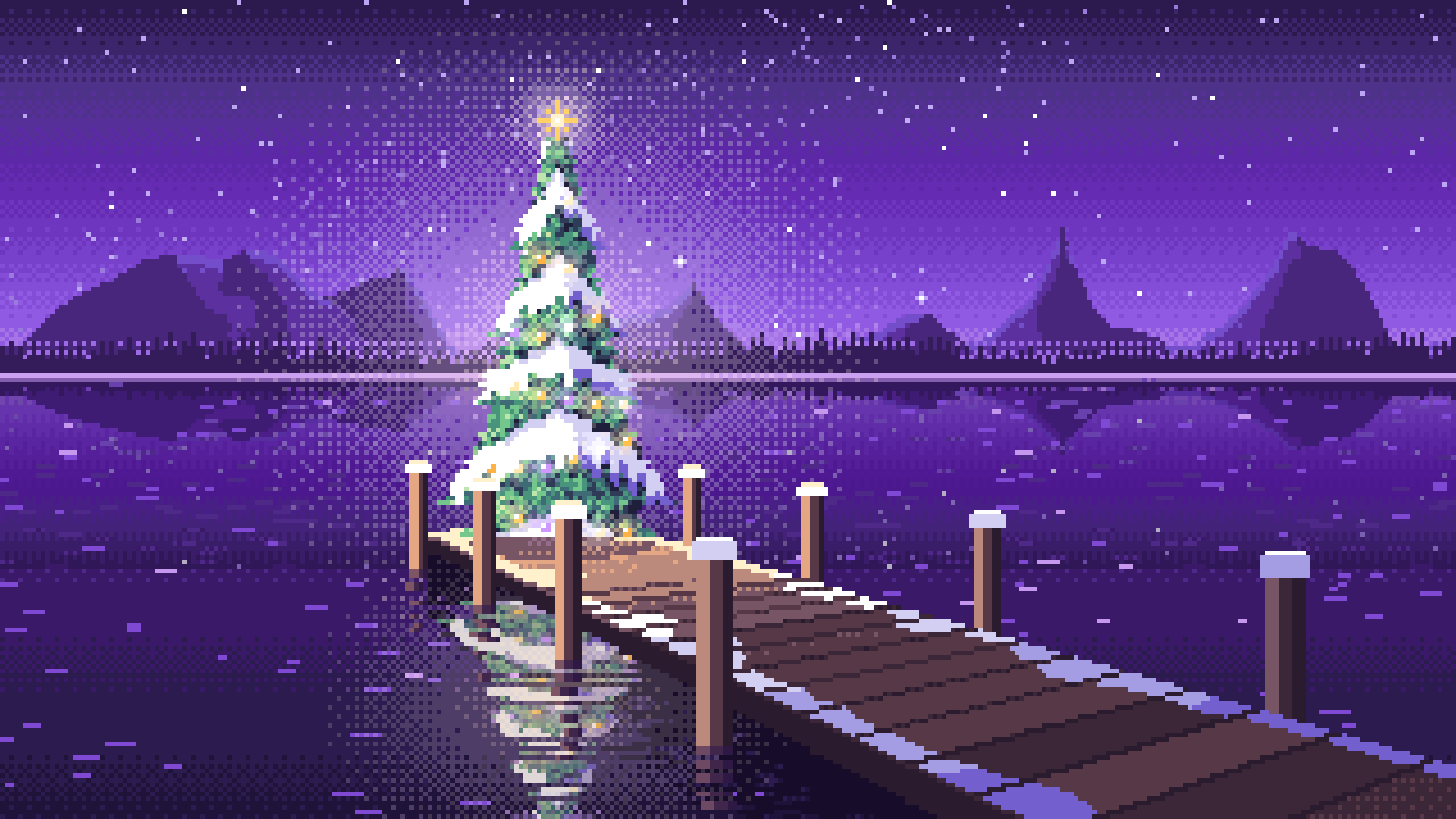 Purple Pixel Art Christmas Tree on a Lake Jetty desktop wallpaper in 4K