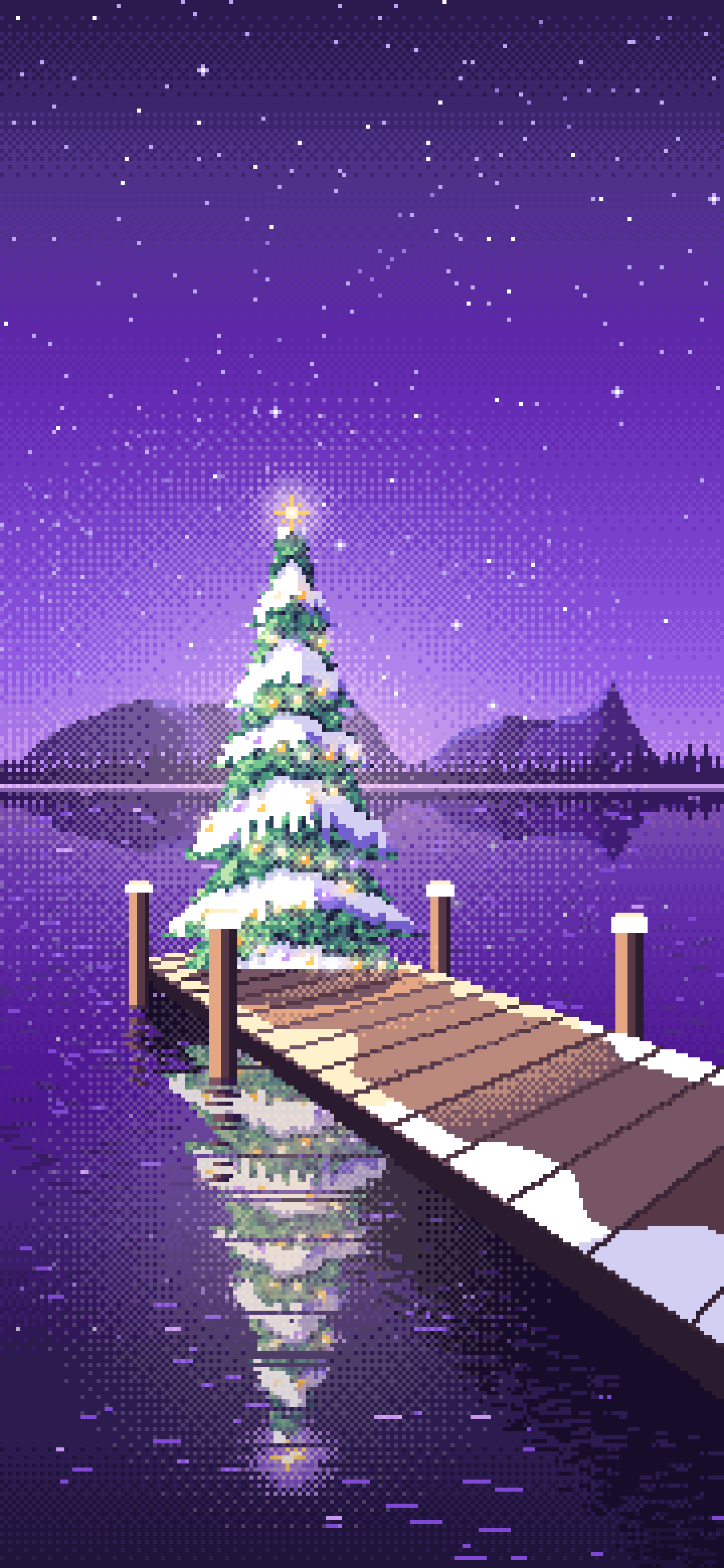 Purple Pixel Art Christmas Tree on a Lake Jetty wallpaper for iPhone and Android