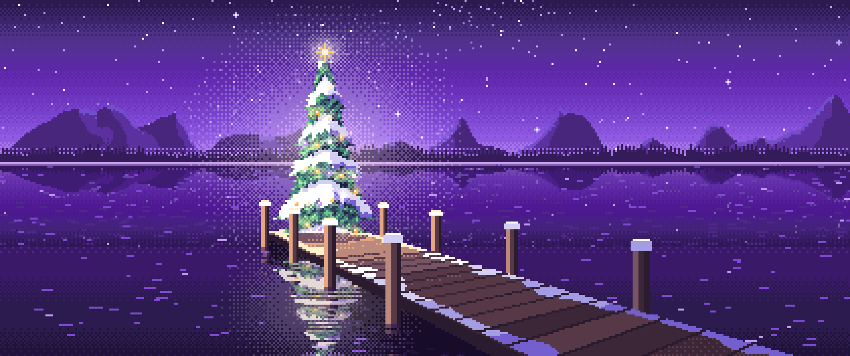 Purple Pixel Art Christmas Tree on a Lake Jetty ultrawide wallpaper, 3440 × 1440