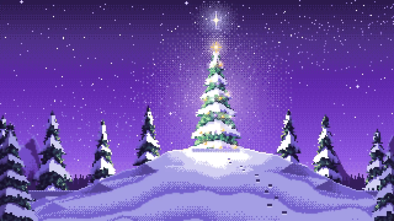 Purple Pixel Art Christmas Tree on a Snowy Hilltop desktop wallpaper in 4K