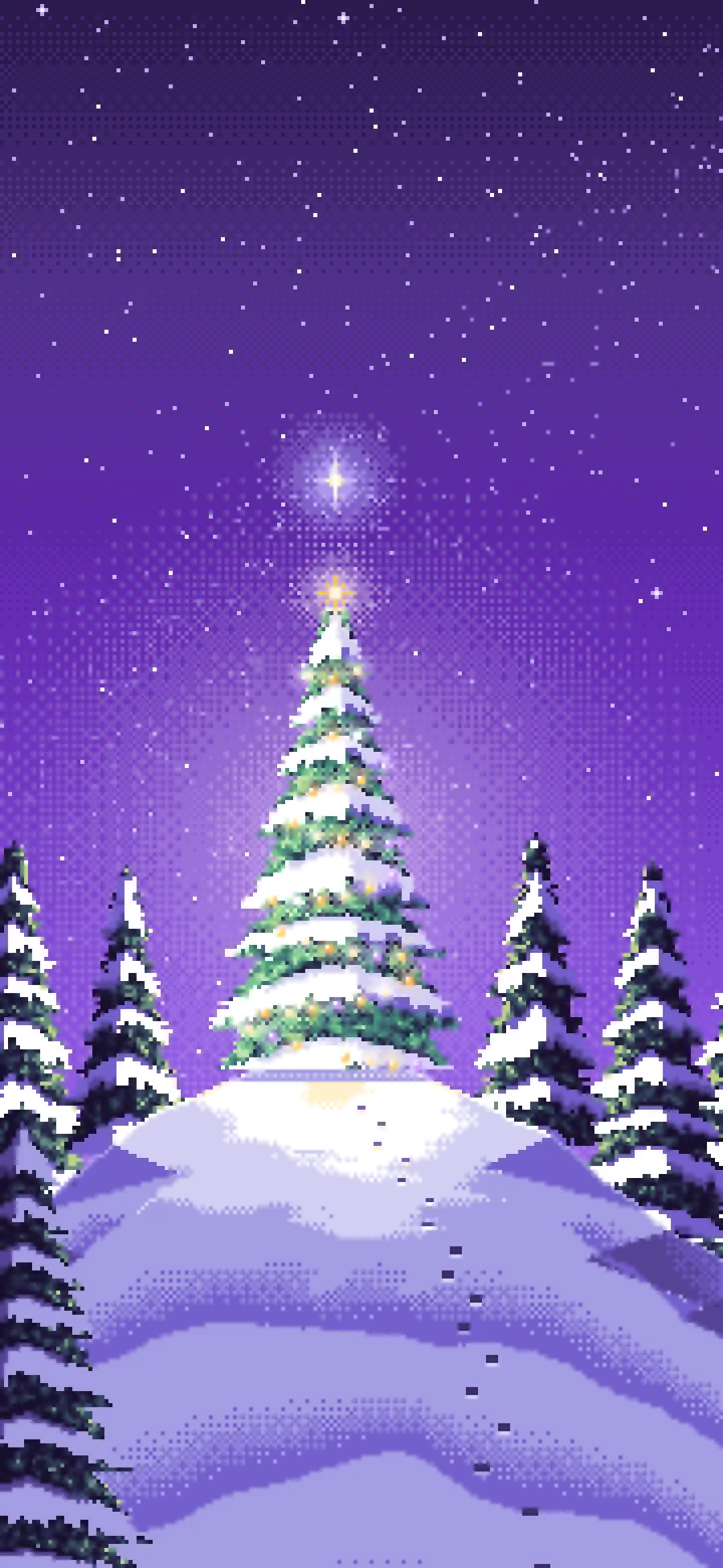 Purple Pixel Art Christmas Tree on a Snowy Hilltop wallpaper for iPhone and Android