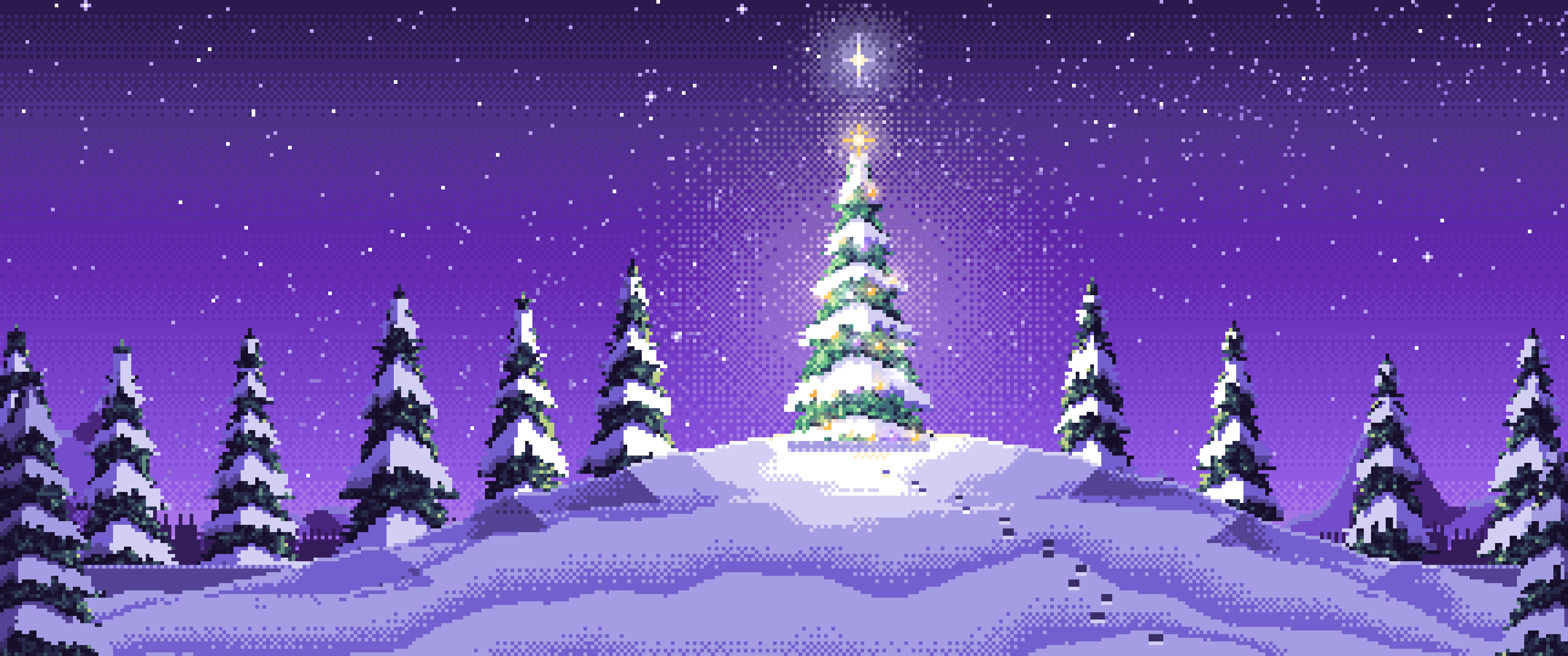 Purple Pixel Art Christmas Tree on a Snowy Hilltop ultrawide wallpaper, 3440 × 1440