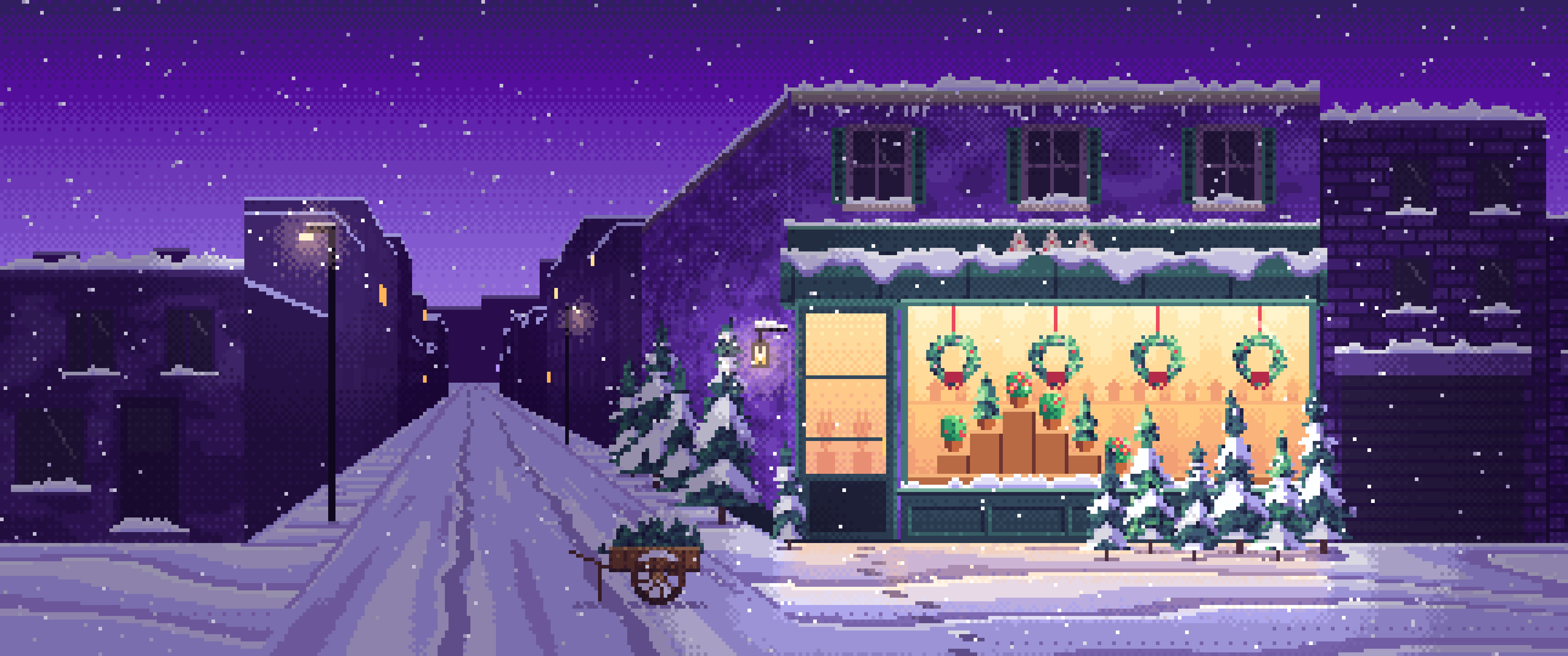 Purple Pixel Art Christmas Tree Shop ultrawide wallpaper, 3440 × 1440