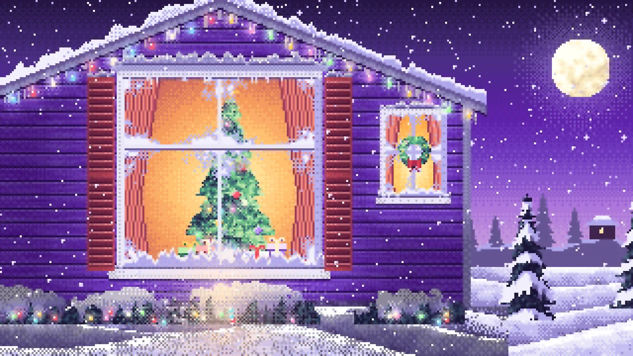 Purple Pixel Art Christmas Tree Through a Frosted Window desktop wallpaper in 4K