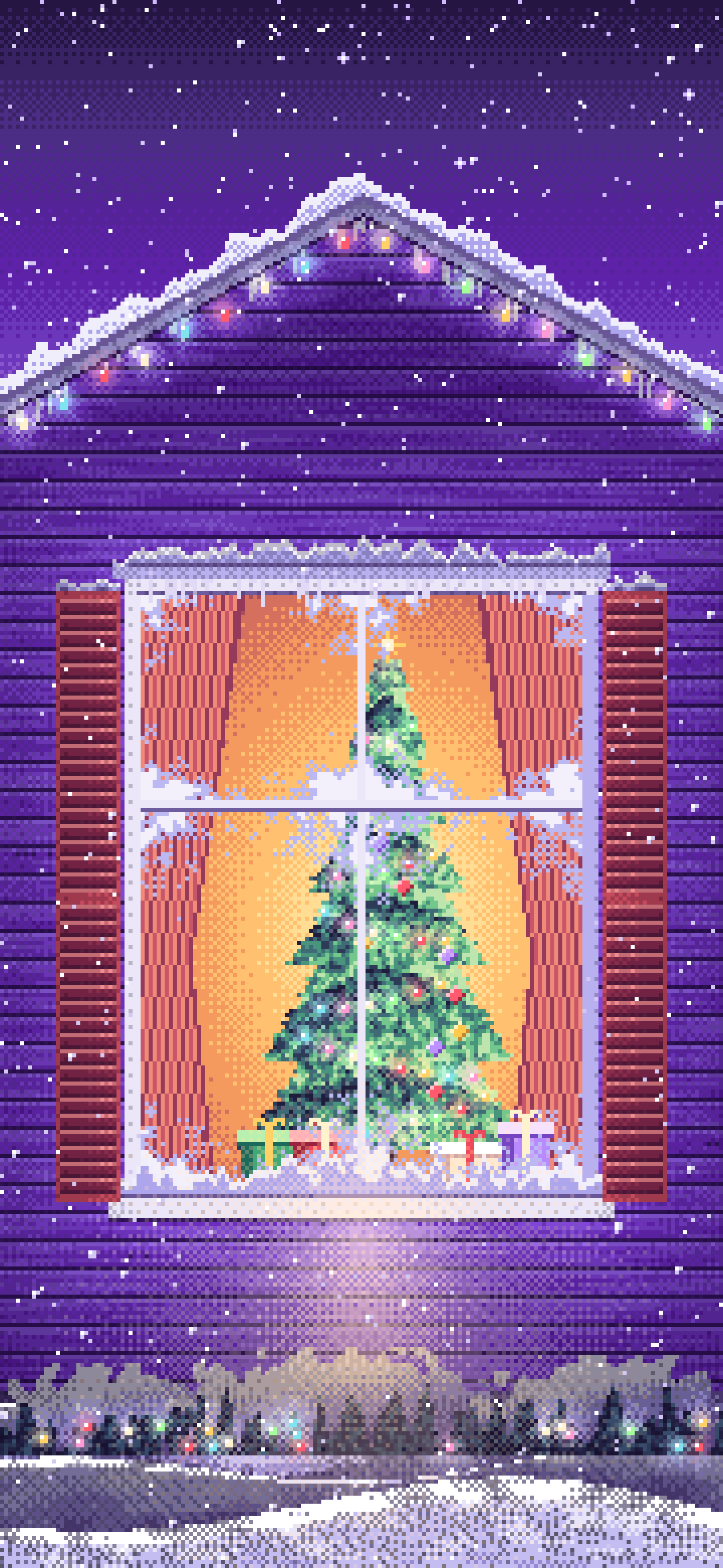 Purple Pixel Art Christmas Tree Through a Frosted Window wallpaper for iPhone and Android