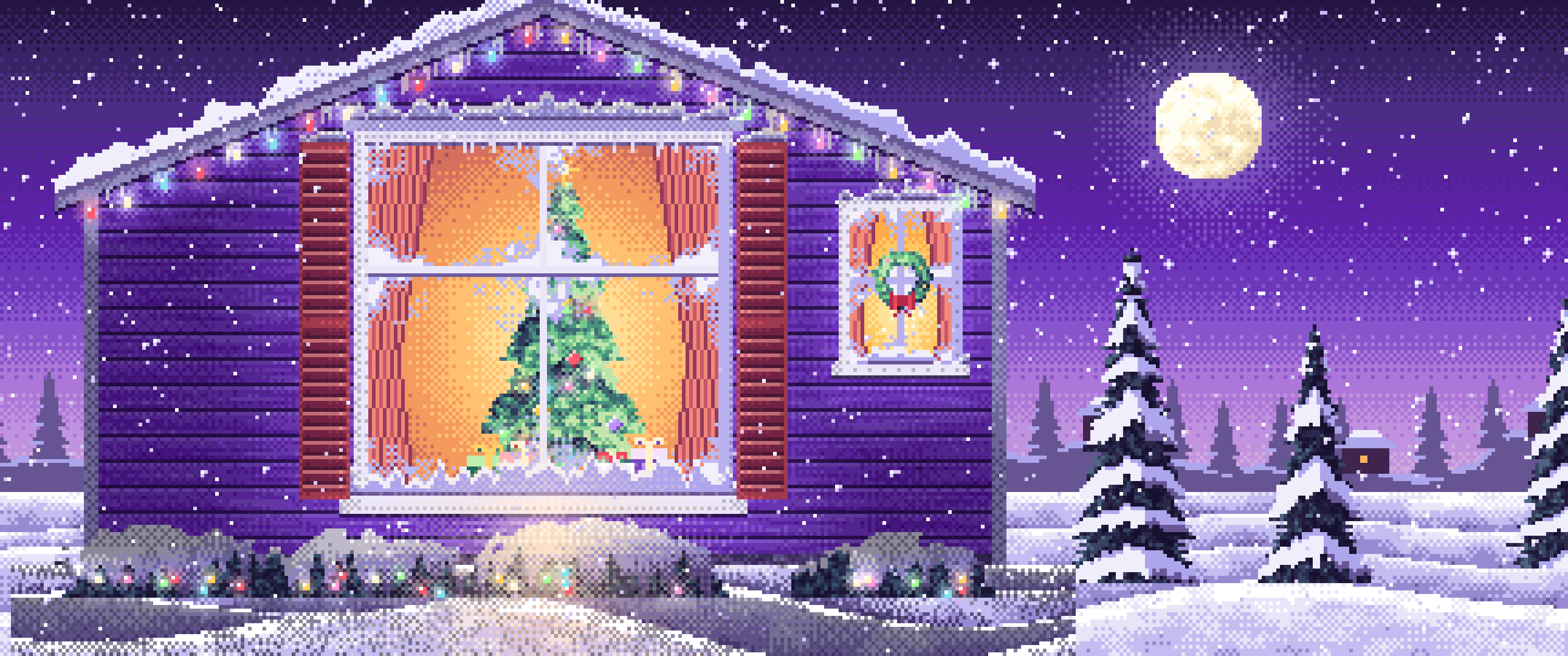 Purple Pixel Art Christmas Tree Through a Frosted Window ultrawide wallpaper, 3440 × 1440