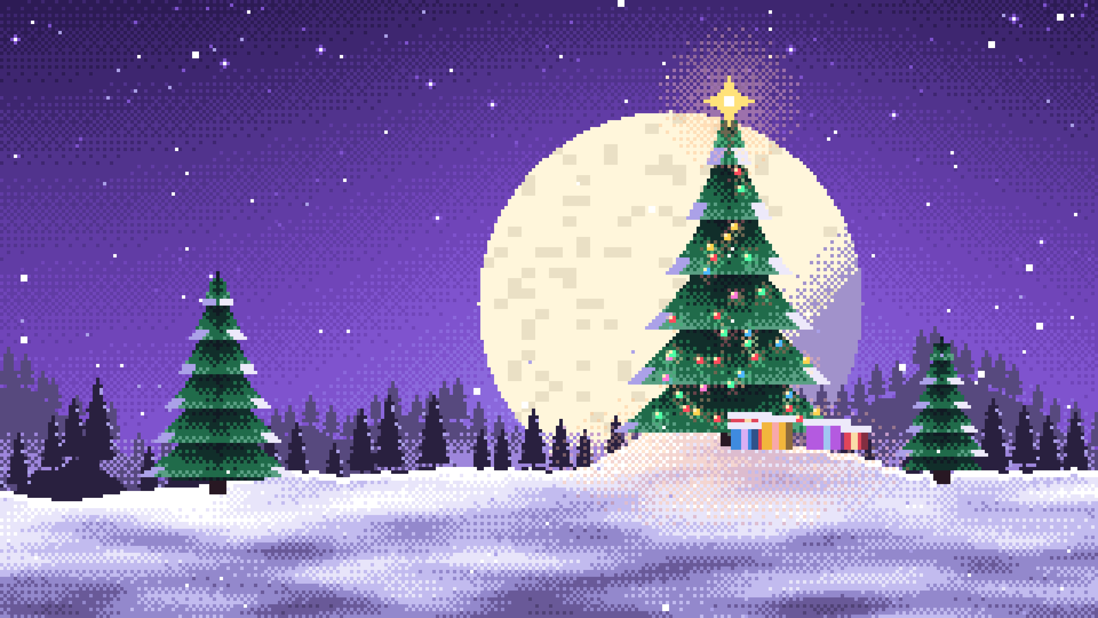 Purple Pixel Art Christmas Tree desktop wallpaper in 4K