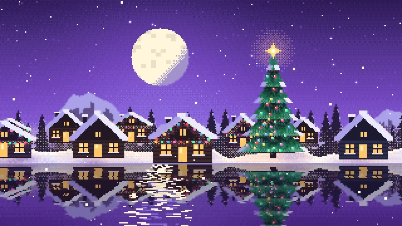 Purple Pixel Art Christmas Village desktop wallpaper in 4K