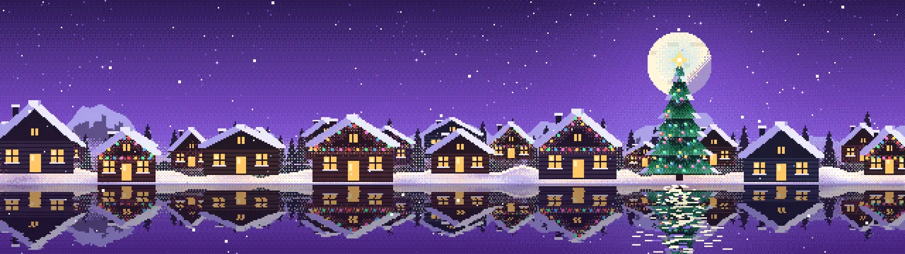 Purple Pixel Art Christmas Village dual monitor wallpaper, 7680 × 2160