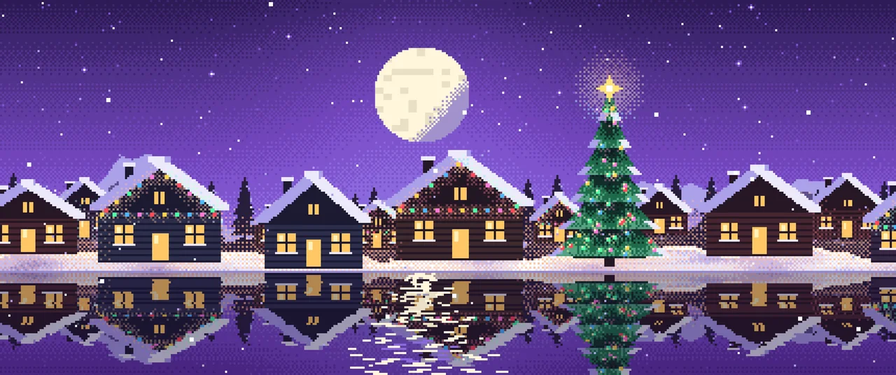 Purple Pixel Art Christmas Village ultrawide wallpaper, 3440 × 1440