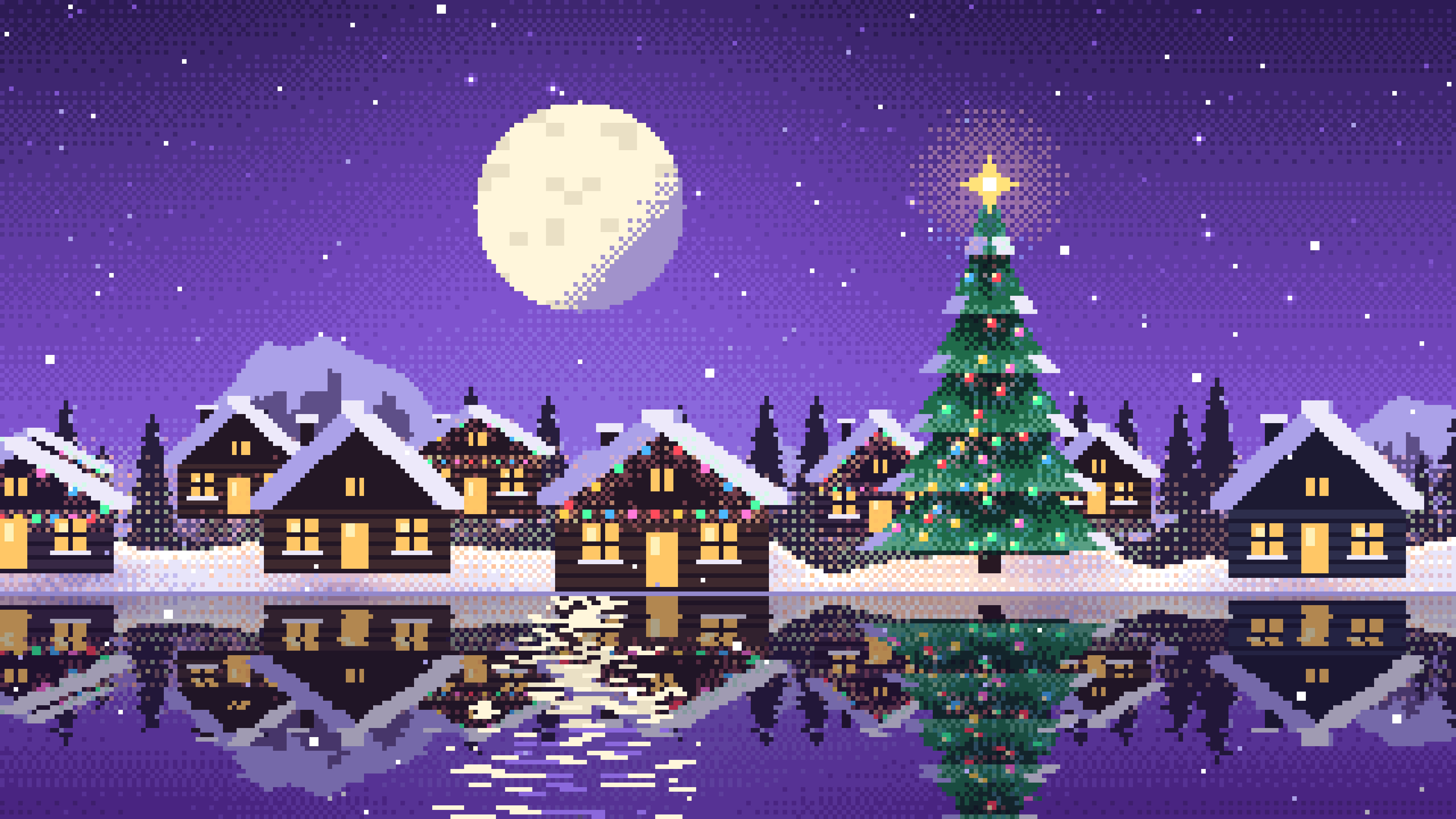 Purple Pixel Art Christmas Village desktop wallpaper in 4K