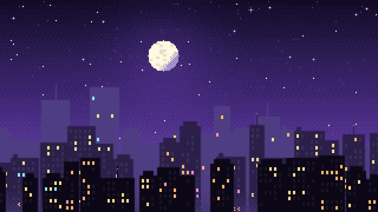 Purple Pixel Art City desktop wallpaper in 4K